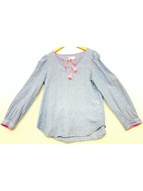 Gap Women's Linen Blend Peasant Top Long Sleeve Size S Soft Blue White Stripe
